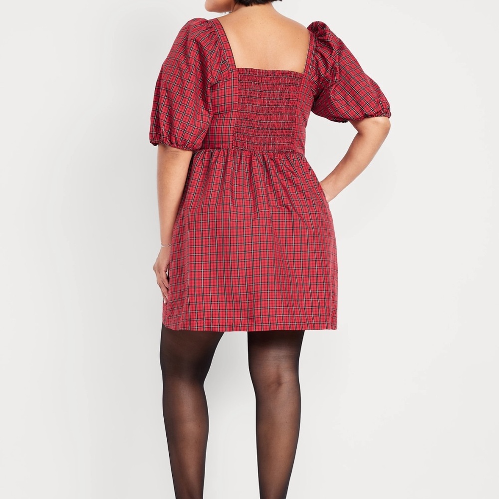 Old Navy Red Plaid Fit Flair Puff Sleeve Dress - Picture 3 of 6